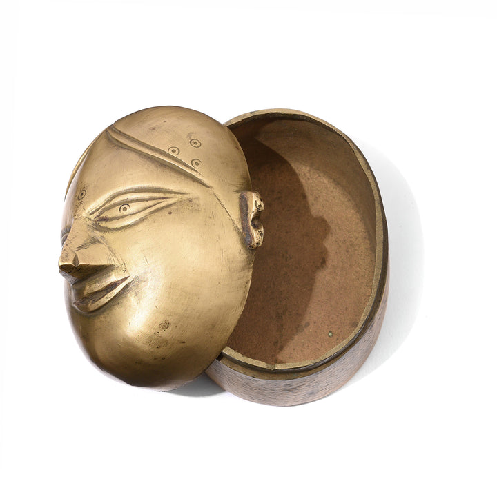 Open Lid View Of Antique Brass Gauri Head Betelnut Box - 19th Century | Indigo Antiques
