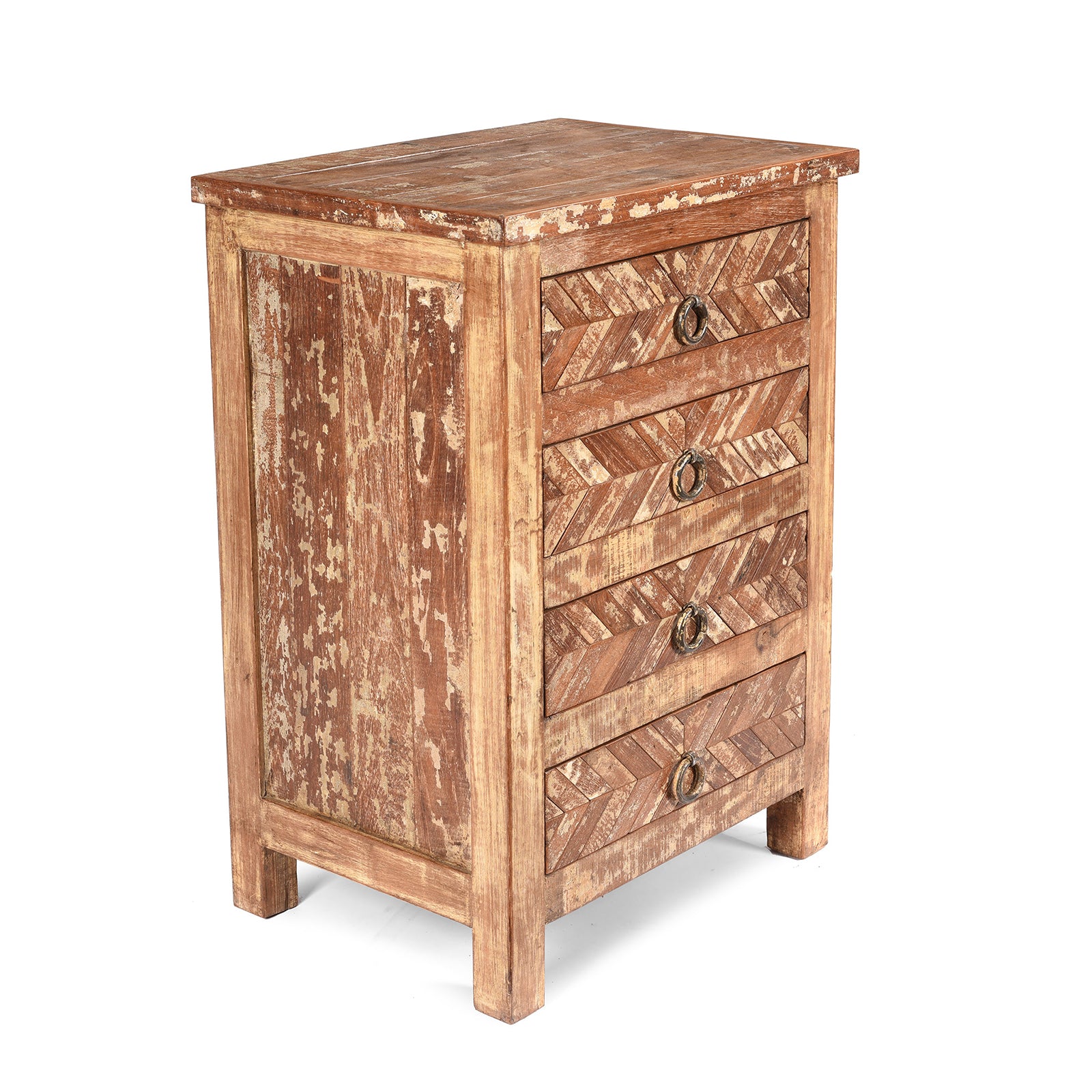 Side of a Parquet Design 4 Drawer Bedside Cabinet Made From Reclaimed Teak | Indigo Antiques