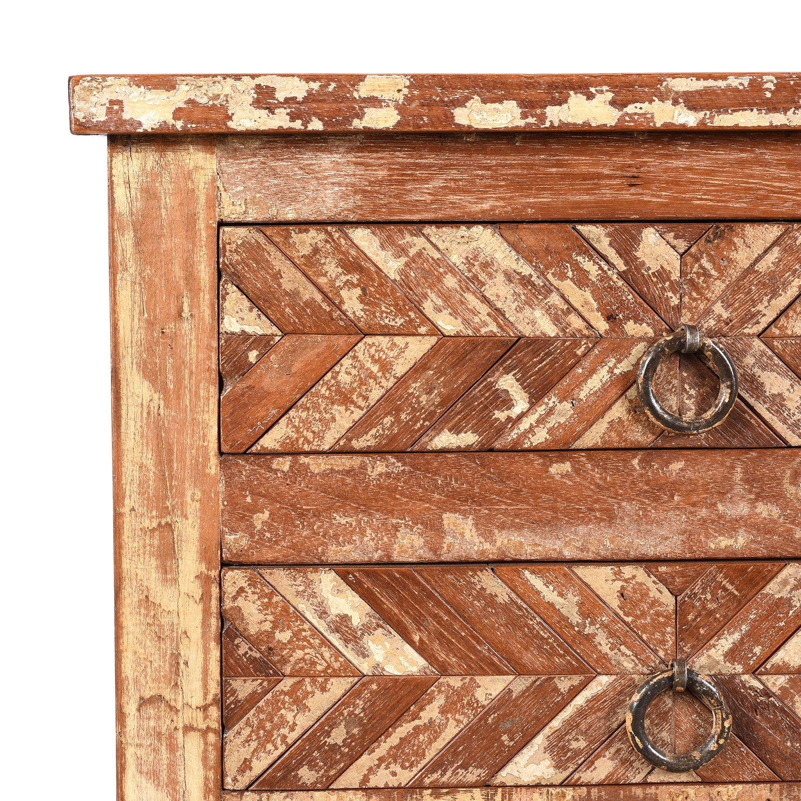 Corner detail of a Parquet Design 4 Drawer Bedside Cabinet Made From Reclaimed Teak | Indigo Antiques