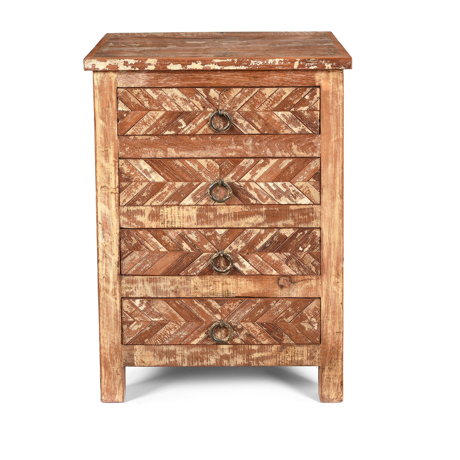 Parquet Design 4 Drawer Bedside Cabinet Made From Reclaimed Teak | Indigo Antiques