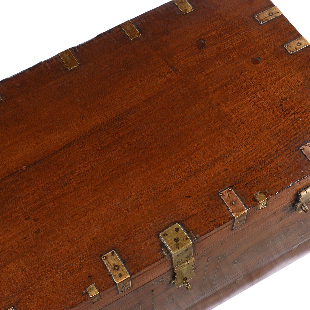 Top down View Of Antique Burmese Teak & Brass Dowry Chest - 19thC | Indigo Antiques