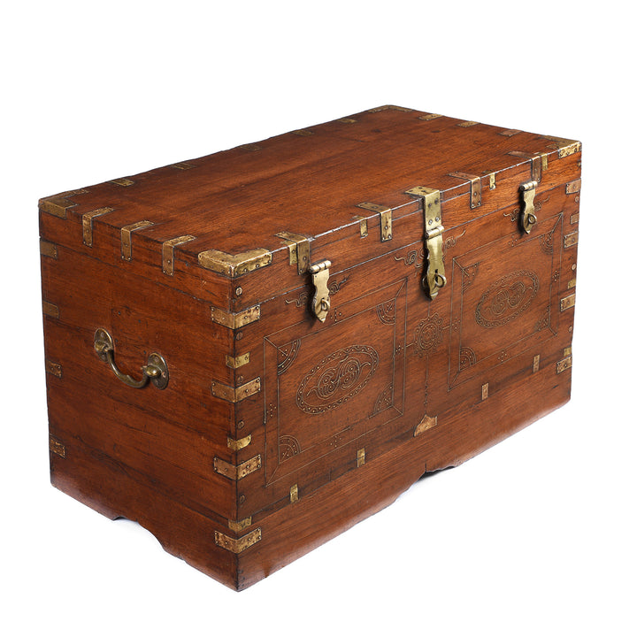 Angled View Of Antique Burmese Teak & Brass Dowry Chest - 19thC | Indigo Antiques