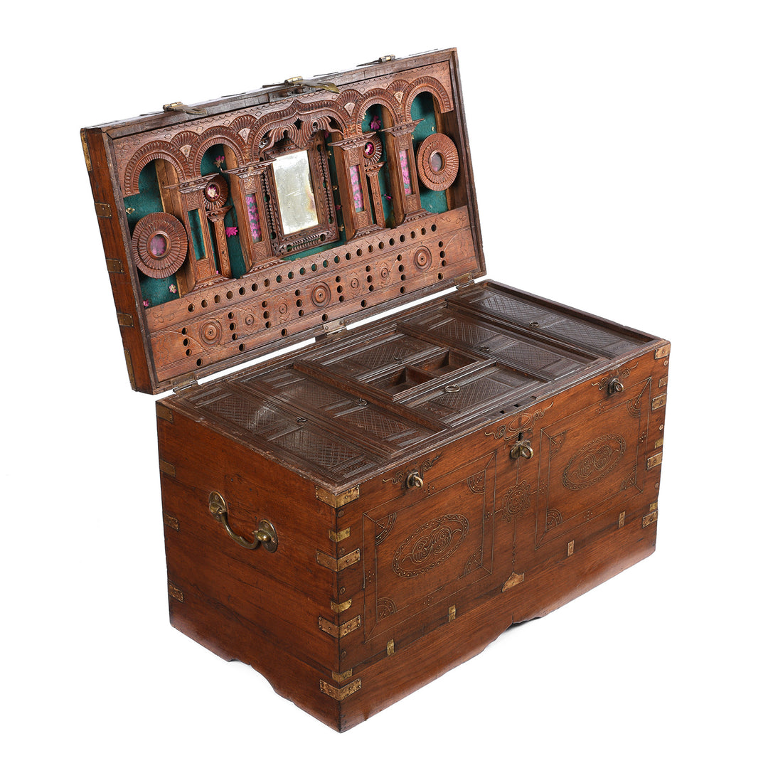 Open Lid View Of Antique Burmese Teak & Brass Dowry Chest - 19thC | Indigo Antiques