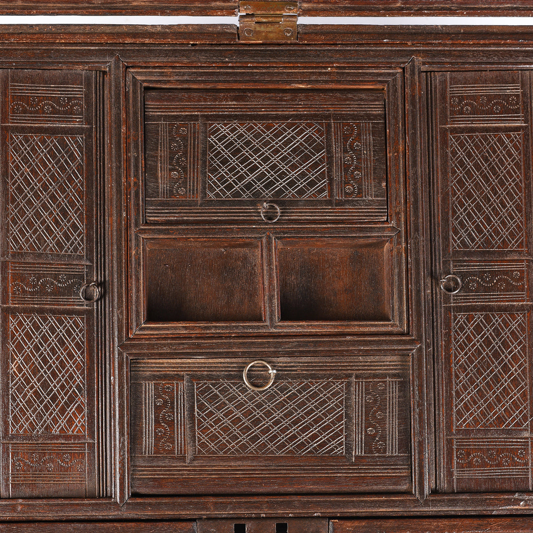 Compartment Detail From Antique Burmese Teak & Brass Dowry Chest - 19thC | Indigo Antiques