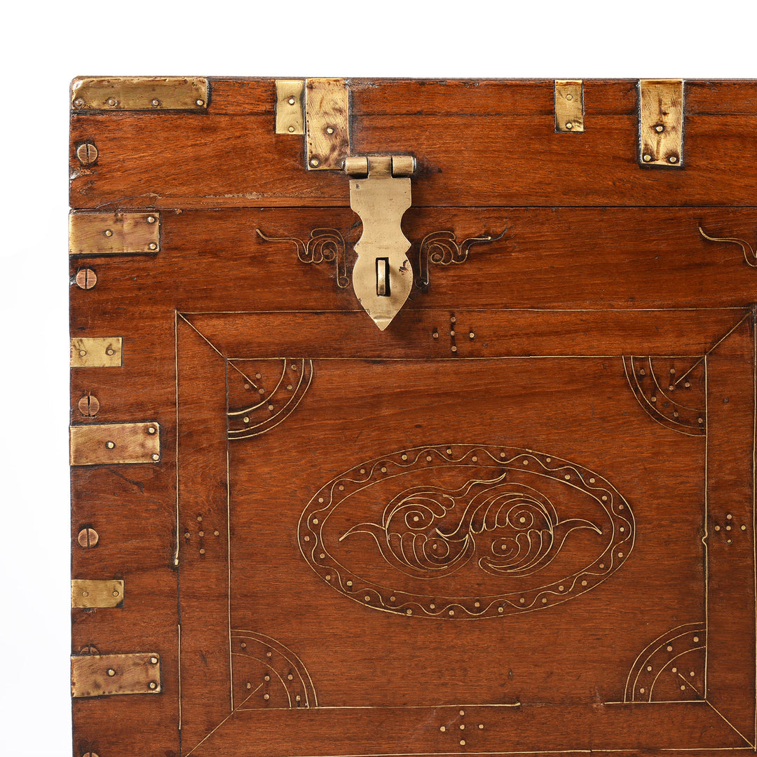 Corner Detail From Antique Burmese Teak & Brass Dowry Chest - 19thC | Indigo Antiques