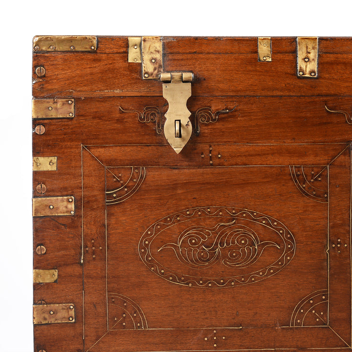Corner Detail From Antique Burmese Teak & Brass Dowry Chest - 19thC | Indigo Antiques