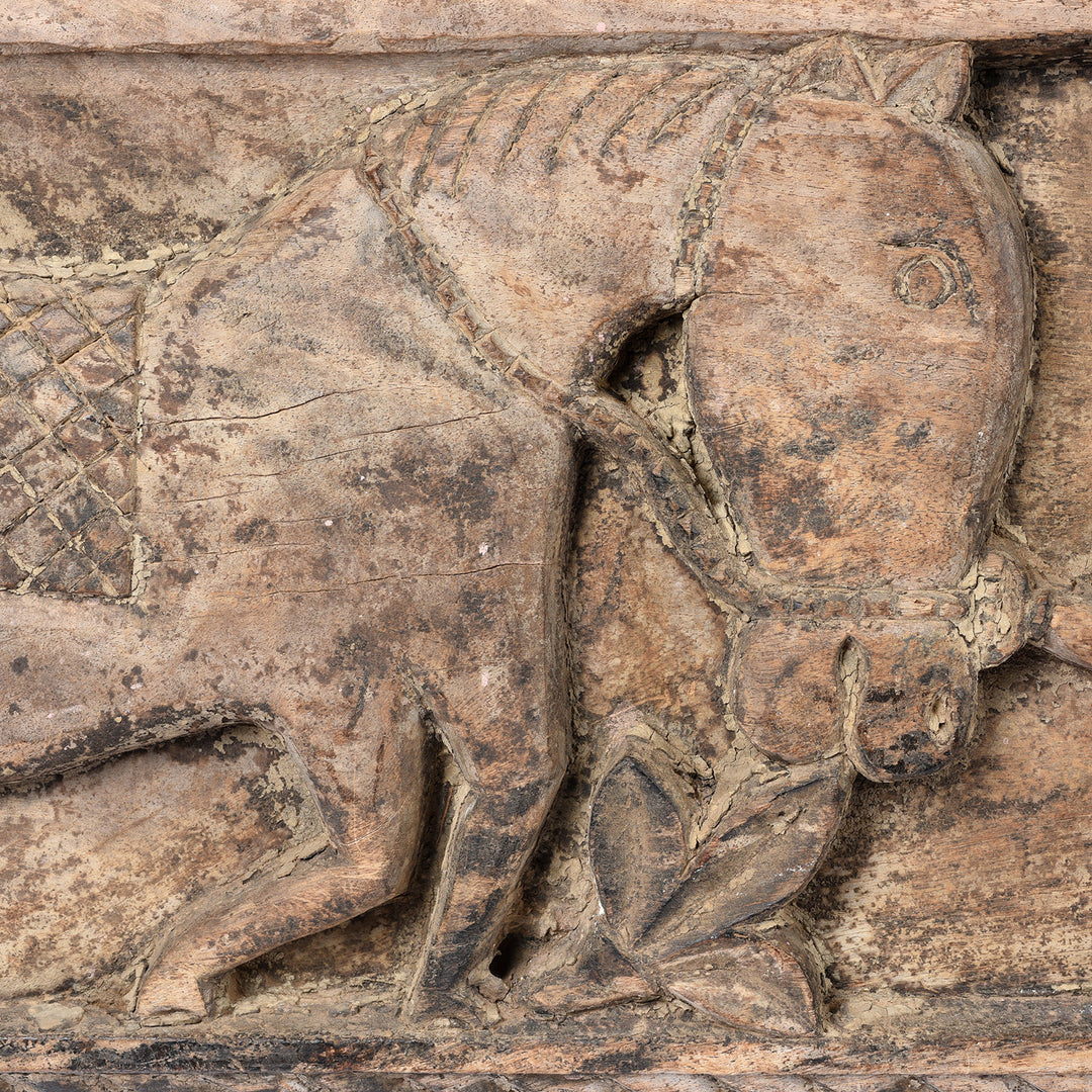 Horse Carving Detail From Carved Cedar Lintel Panel From Kangra - 19thC | Indigo Antiques