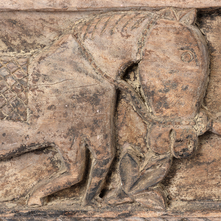 Horse Carving Detail From Carved Cedar Lintel Panel From Kangra - 19thC | Indigo Antiques