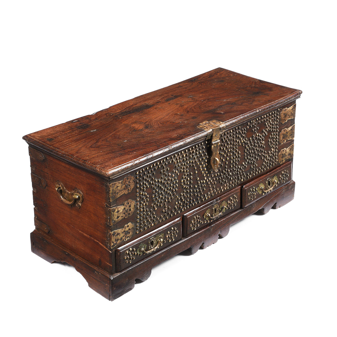 Angled View Of Antique Rosewood Brass Studded 'Zanzibar' Chest From Kutch - 19thC | Indigo Antiques