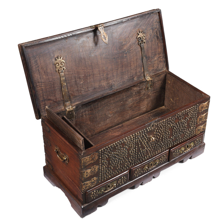 Open Lid View Of Antique Rosewood Brass Studded 'Zanzibar' Chest From Kutch - 19thC | Indigo Antiques