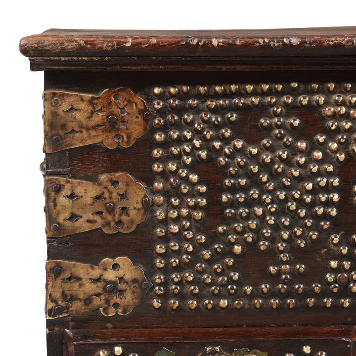 Corner Detail From Antique Rosewood Brass Studded 'Zanzibar' Chest From Kutch - 19thC | Indigo Antiques