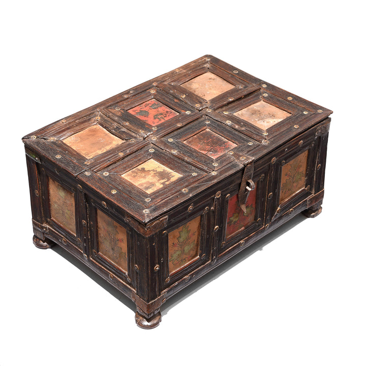 Angled View Antique Brass Bound Painted Rosewood Box From Kutch - 19thC | Indigo Antiques