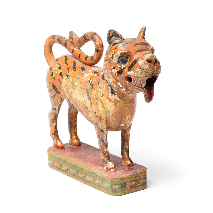 Angled View Of Painted Indian Wooded Tiger From Gujarat - Ca 1920's | Indigo Antiques