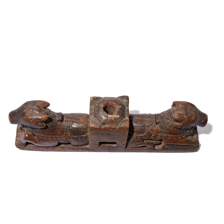 Top Down View Of Antique Carved Teak Nandi Cradle Finial From Andra Pradesh - 19th Century | Indigo Antiques