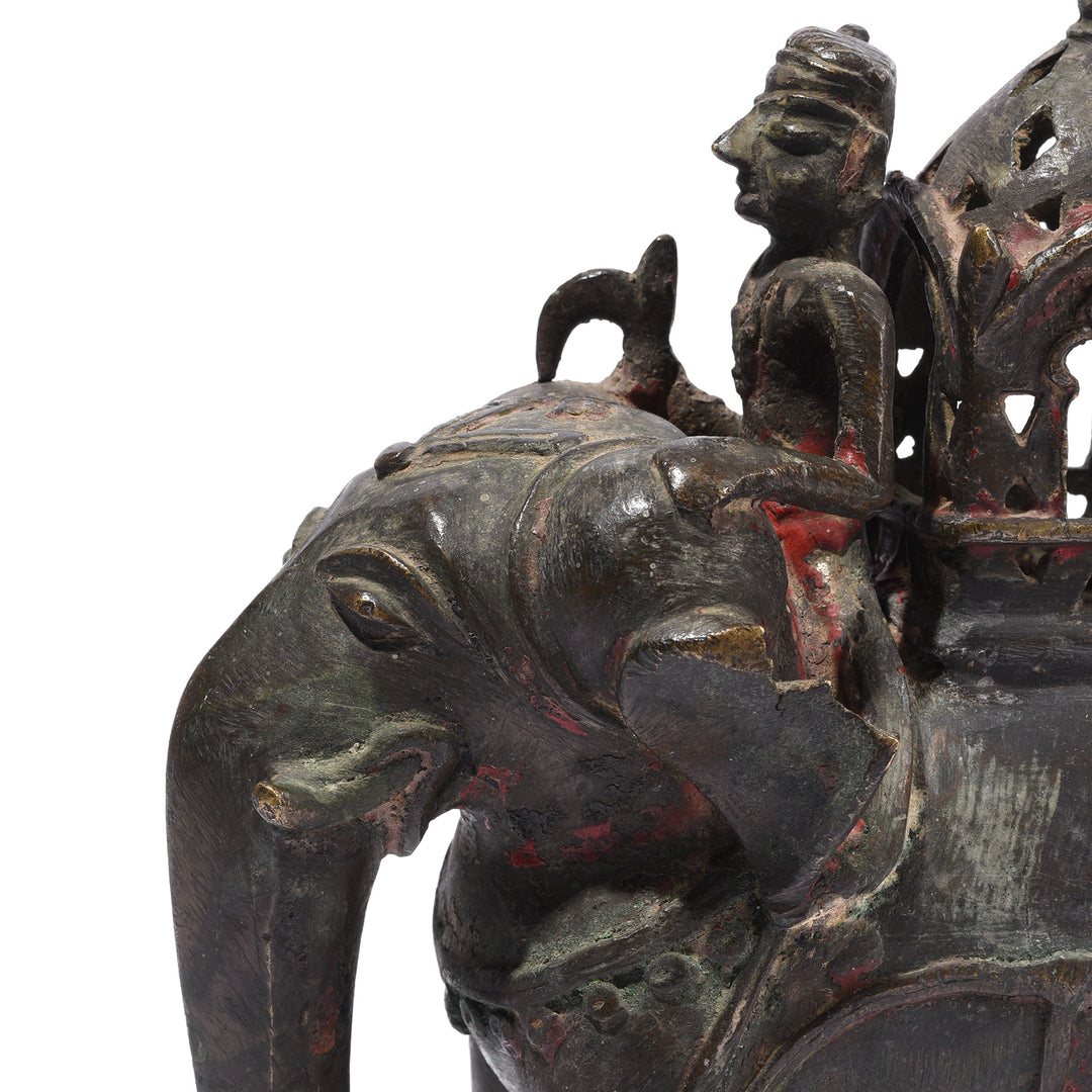 Elephant Detail From Antique Brass Elephant And Carriage Toy From Andra Pradesh - 19th Century | Indigo Antiques