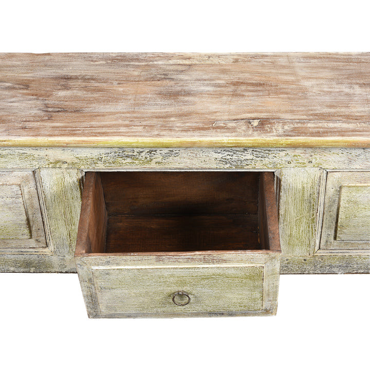 Drawer Detail of a Rustic Indian Reclaimed Teak 3 Drawer Painted Console Table | Indigo Antiques