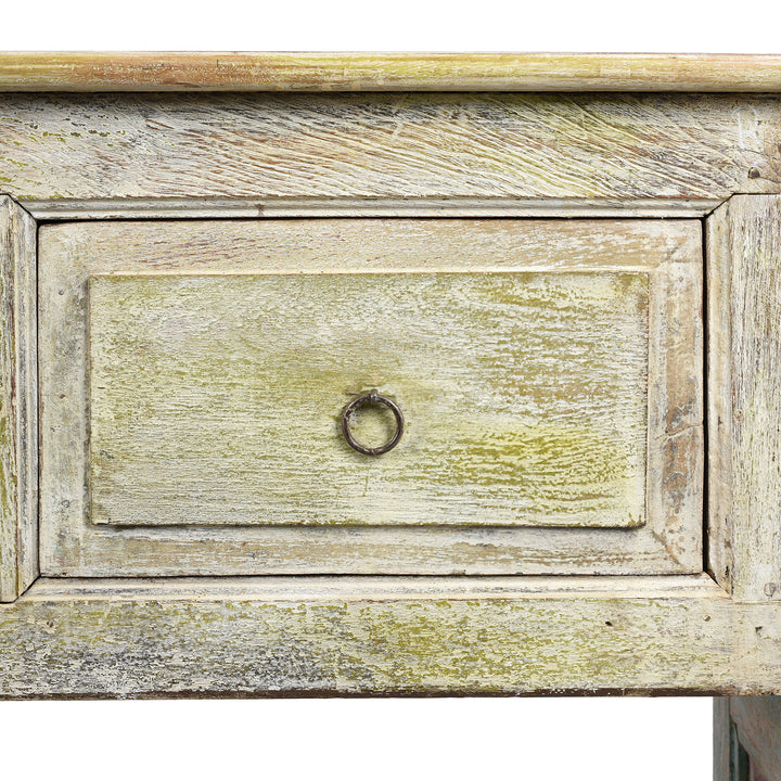 Drawer Detail of a Rustic Indian Reclaimed Teak 3 Drawer Painted Console Table | Indigo Antiques