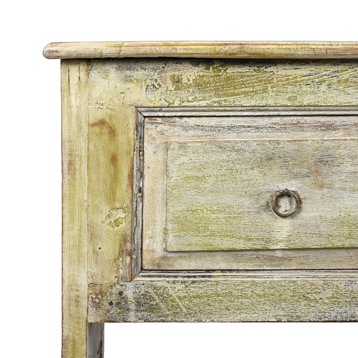 Drawer Detail of a Rustic Indian Reclaimed Teak 3 Drawer Painted Console Table | Indigo Antiques