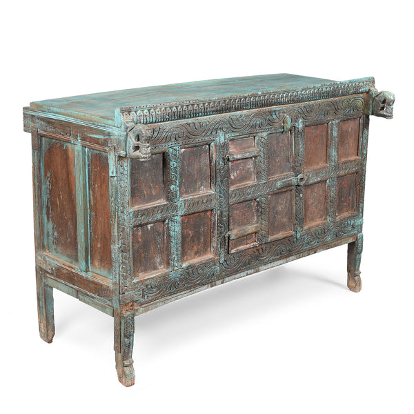 Painted Teak Manjus Dowry Chest From Saurashtra - 19thC