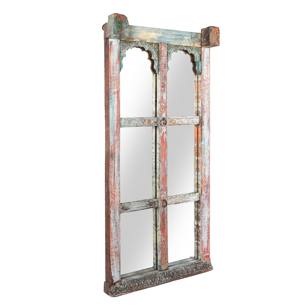 Angled View Of Mirror Made From a Carved And Painted Indian Teak Window - 19thC | Indigo Antiques