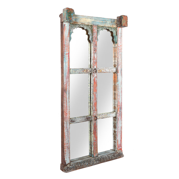 Angled View Of Mirror Made From a Carved And Painted Indian Teak Window - 19thC | Indigo Antiques