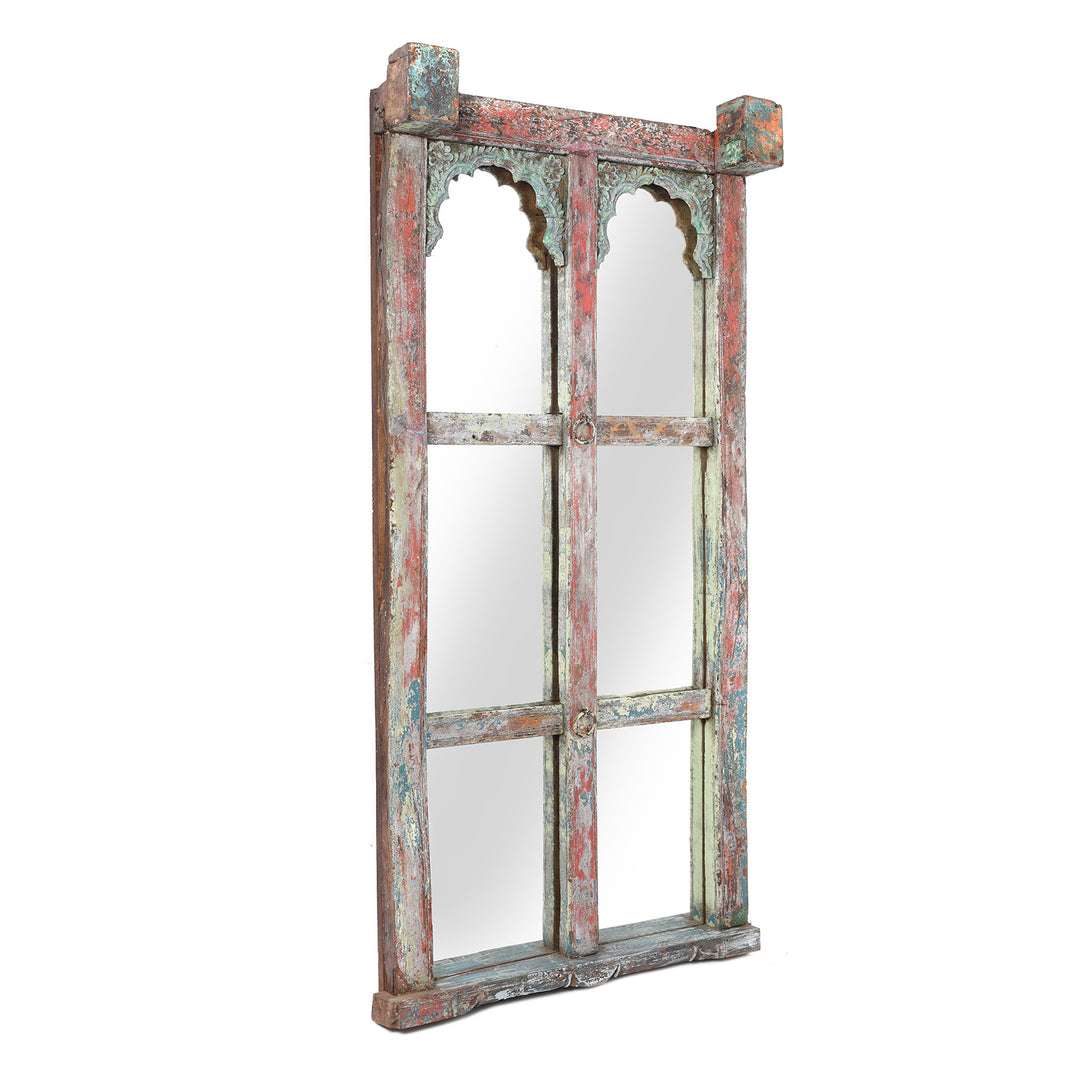 Angled View Of Mirror Made From a Carved And Painted Indian Teak Window - 19thC | Indigo Antiques