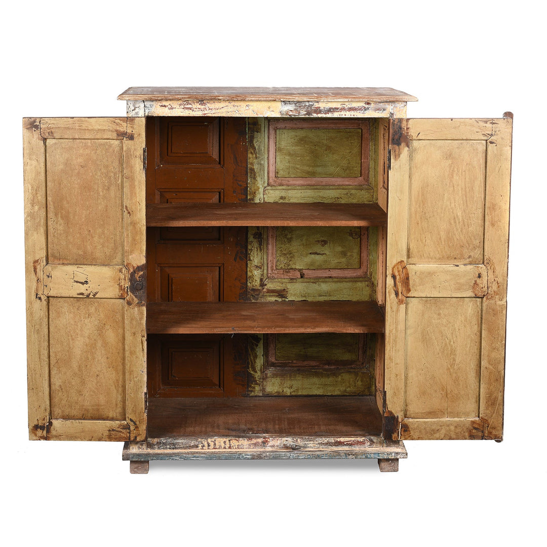 Open Doors View Of Reclaimed Teakwood Cabinet With Old Paint | Indigo Antiques