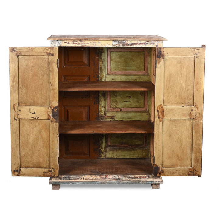 Open Doors View Of Reclaimed Teakwood Cabinet With Old Paint | Indigo Antiques