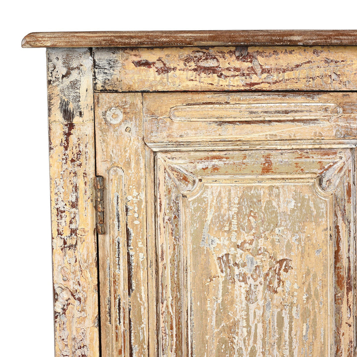 Corner Detail From Reclaimed Teakwood Cabinet With Old Paint | Indigo Antiques