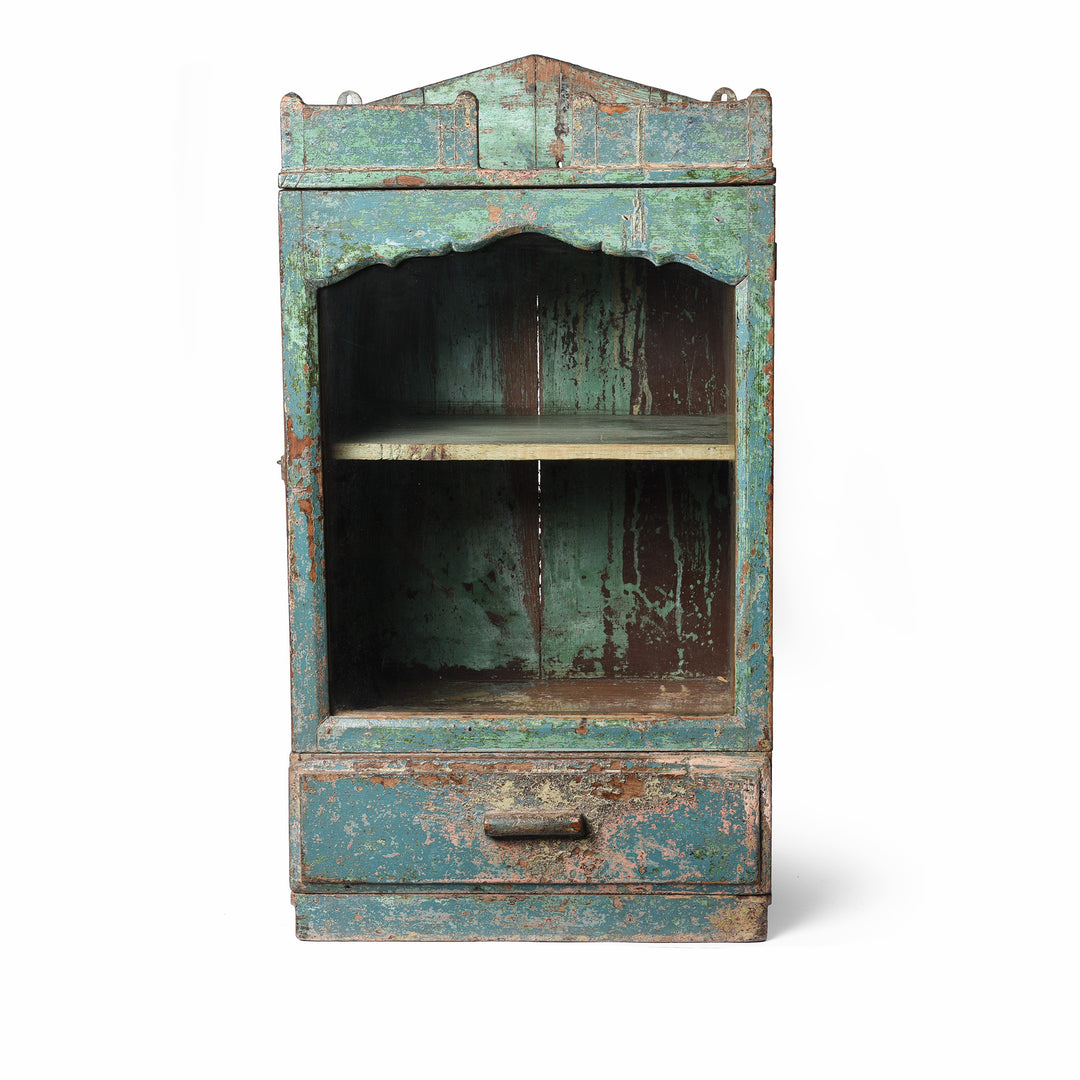 Vintage Indian Aqua Painted Teak Glazed Wall Cabinet - Ca 1930