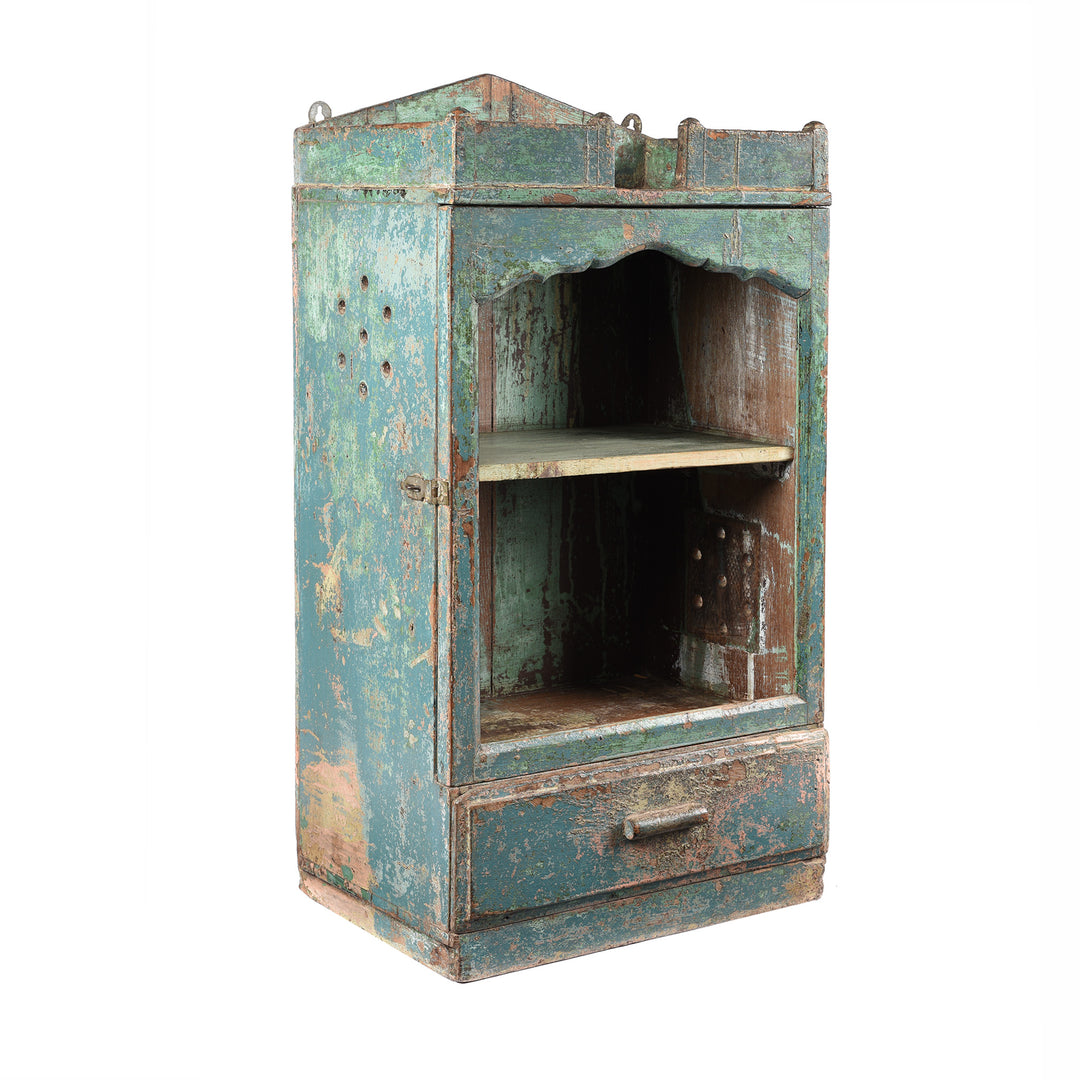 Side detail from an Vintage Indian Aqua Painted Teak Glazed Wall Cabinet - Ca 1930