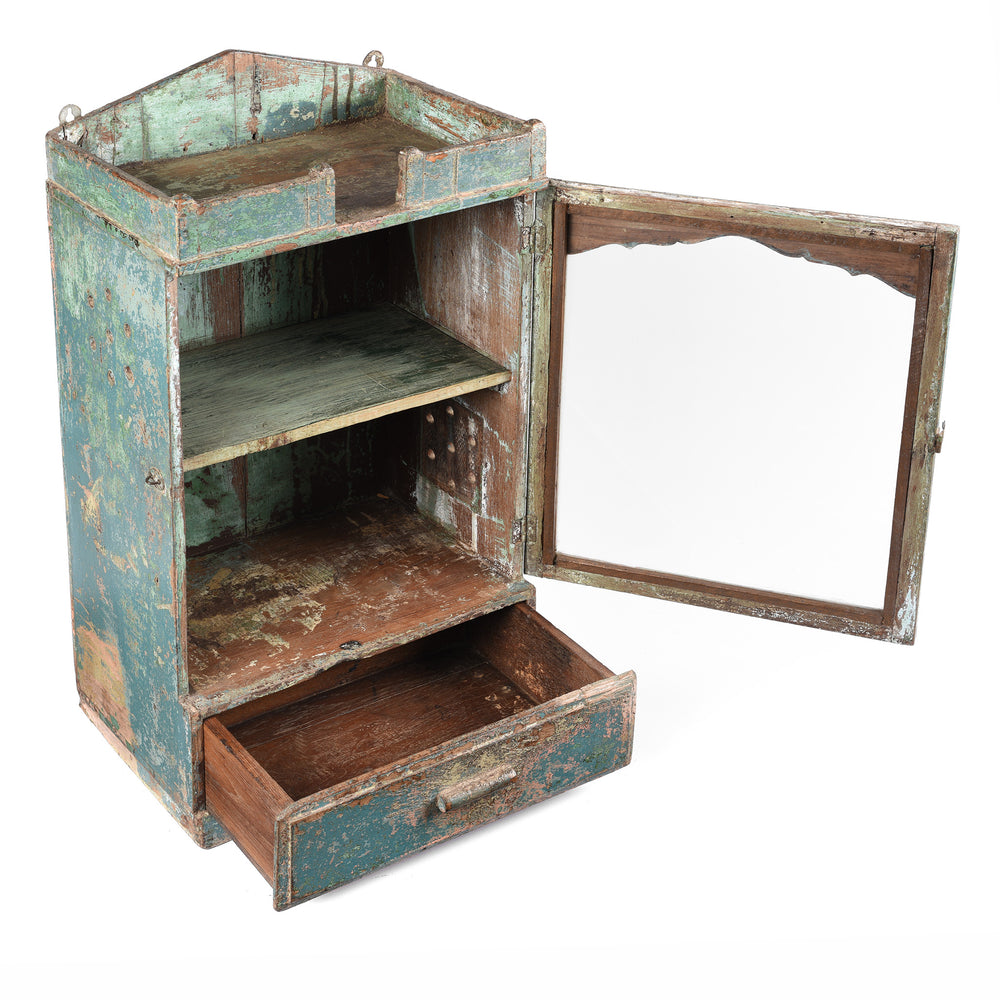 Open Detail of an Vintage Indian Aqua Painted Teak Glazed Wall Cabinet - Ca 1930