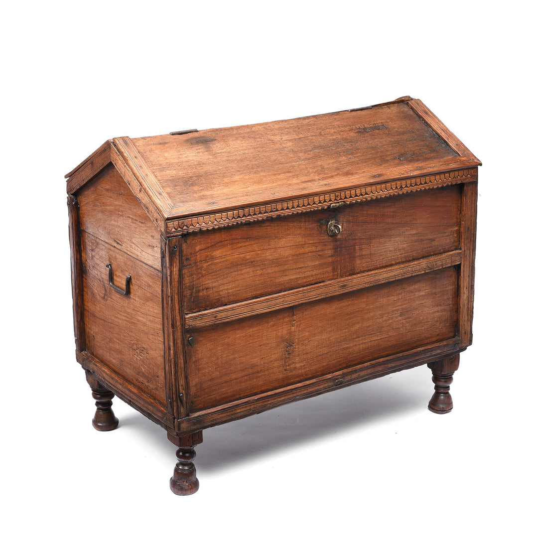 Angled View Of Carved Teak Indian Dowry Chest (Sandouk) From Gujarat - 19thC | Indigo Antiques
