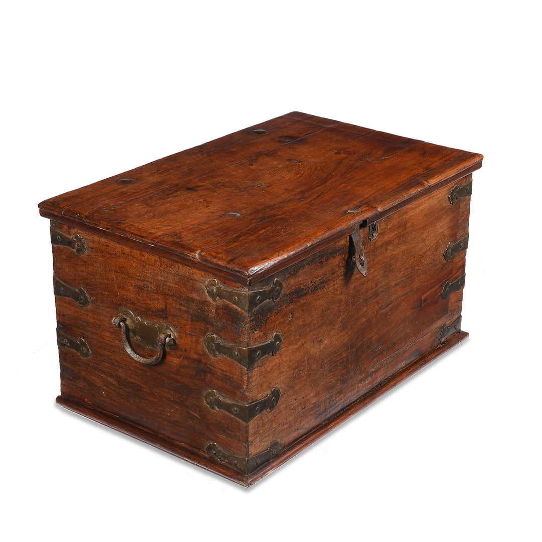 Angled View Of Brass Bound Jackfruit wood Chest From South India - 18thC | Indigo Antiques
