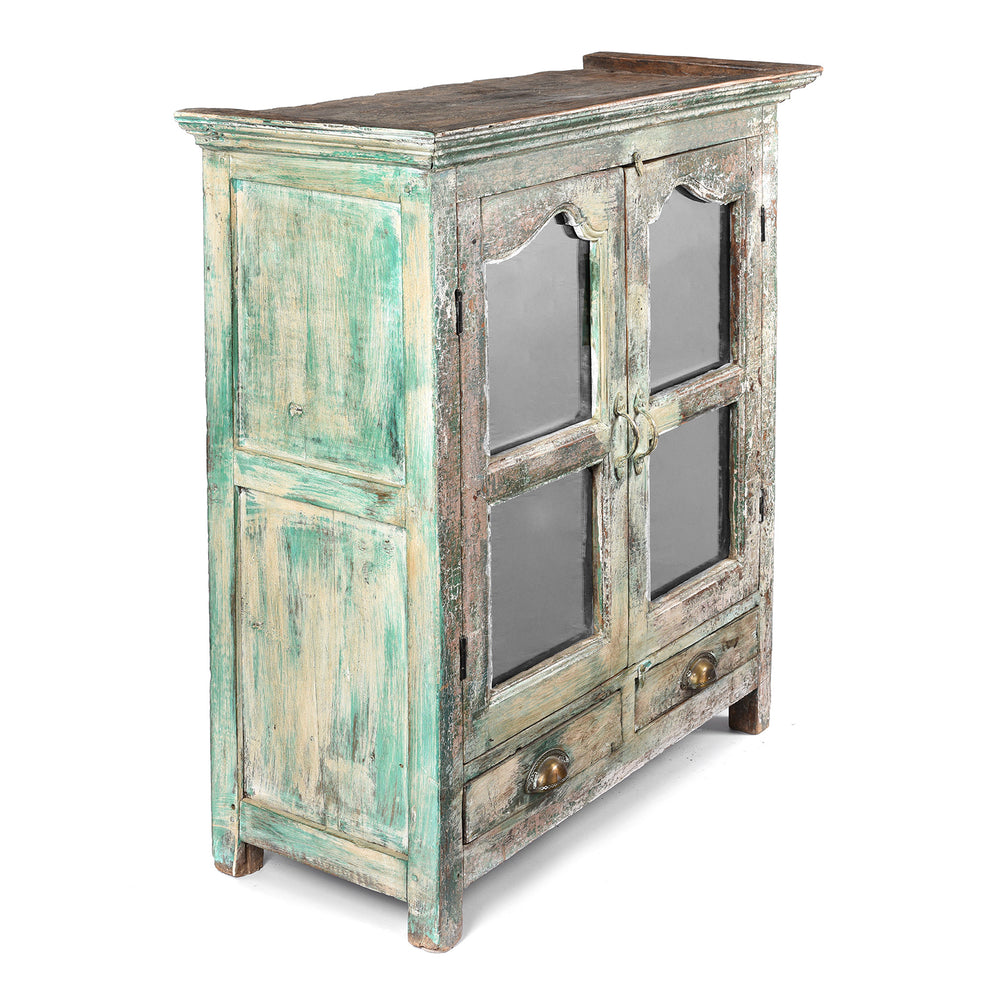 Angled View Of Antique Painted Indian Teak Glazed Book Cabinet - Ca 1920's | Indigo Antiques