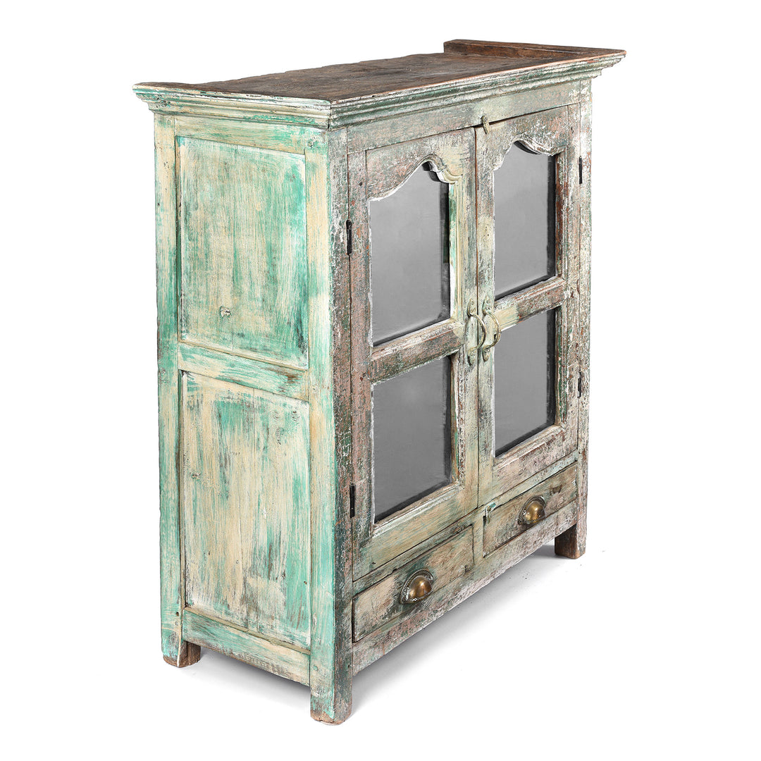 Angled View Of Antique Painted Indian Teak Glazed Book Cabinet - Ca 1920's | Indigo Antiques