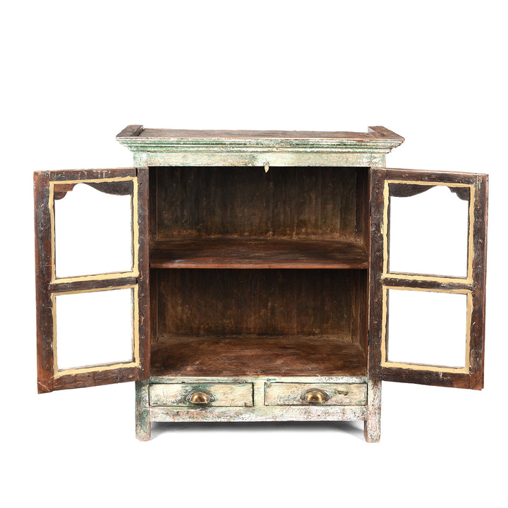 Doors Open View Of Antique Painted Indian Teak Glazed Book Cabinet - Ca 1920's | Indigo Antiques