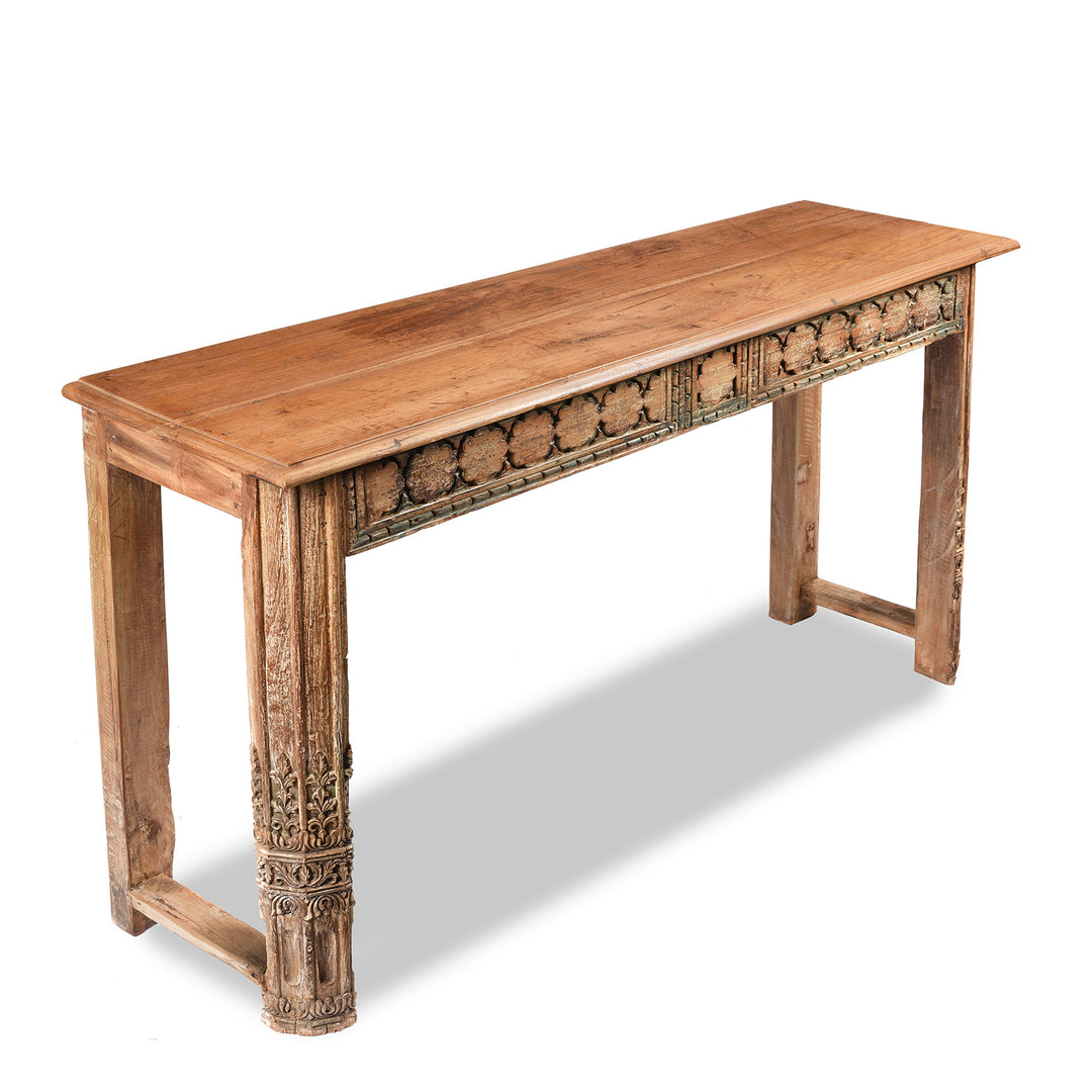 Angled View Of Carved Console Table Made From Reclaimed Teak