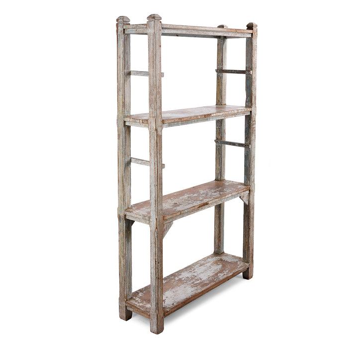 Angled View Of Vintage Grey Painted Indian Teak Shelf - Ca 1930 | Indigo Antiques
