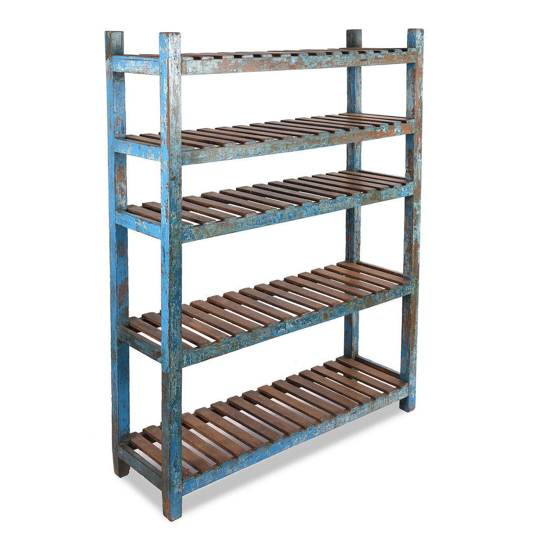 Angled View Of Blue Painted Teak Slatted Shelf From Gujarat - Ca 1930 | Indigo Antiques