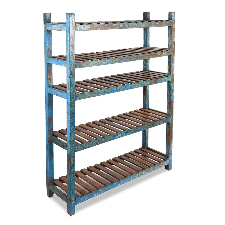 Angled View Of Blue Painted Teak Slatted Shelf From Gujarat - Ca 1930 | Indigo Antiques
