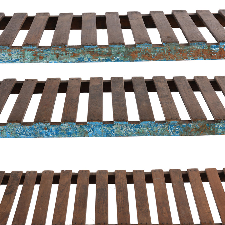 Shelf Detail From Blue Painted Teak Slatted Shelf From Gujarat - Ca 1930 | Indigo Antiques