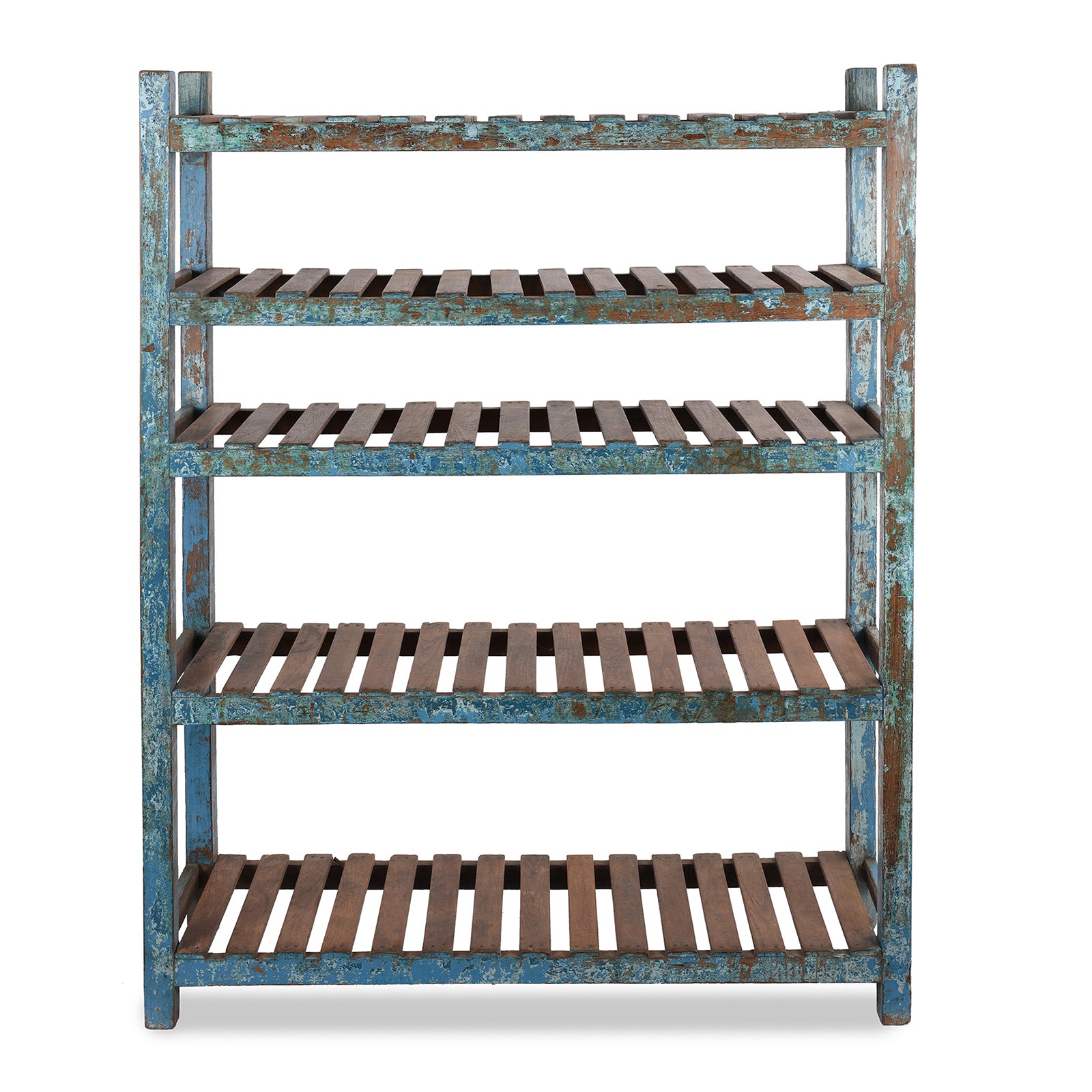 Blue Painted Teak Slatted Shelf From Gujarat - Ca 1930 | Indigo Antiques