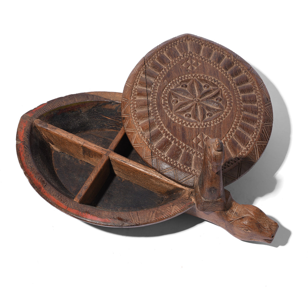 Open Lid View Of Antique Carved Teak Masala Box From Banswara Tribal Region - Ca 1920 | Indigo Antiques