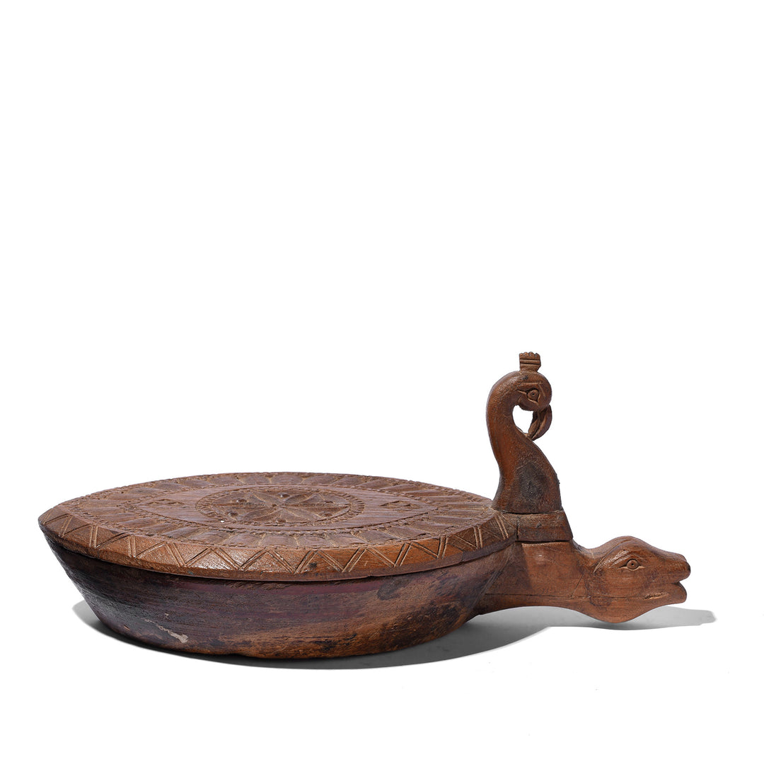 Profile View Of Antique Carved Teak Masala Box From Banswara Tribal Region - Ca 1920 | Indigo Antiques