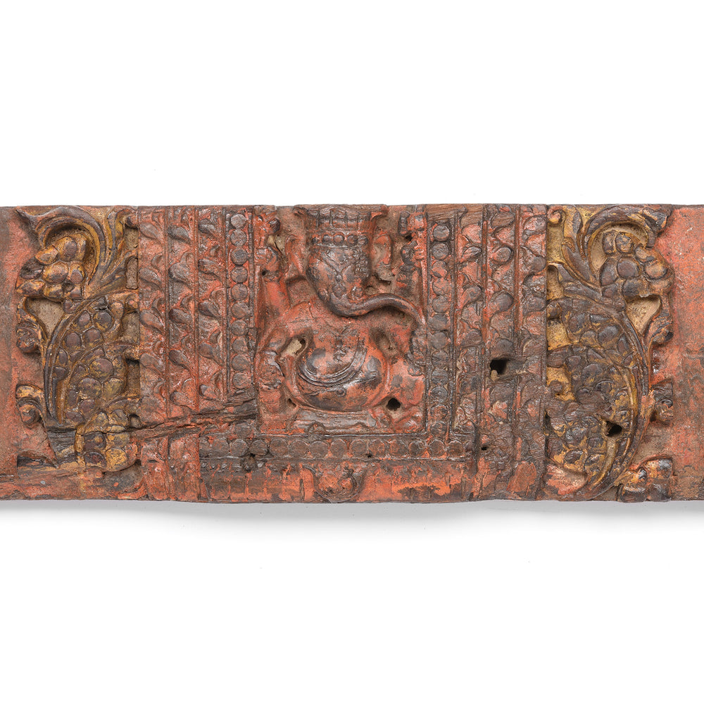 DetaIL fROM Carved Teak Indian Lintel Panel Of Ganesh & Elephants - From Gujarat - 19thC | Indigo Antiques