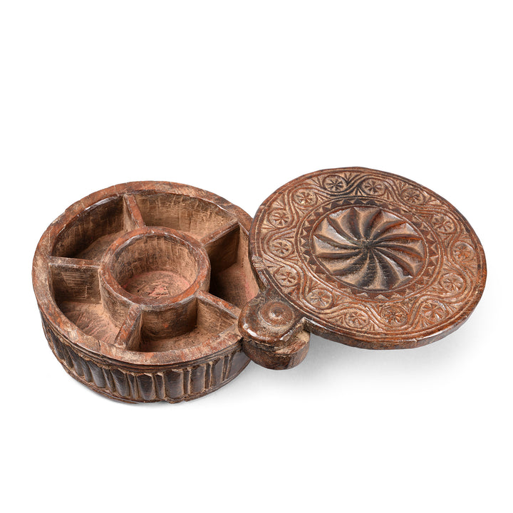 Interior Of Antique Carved Teak Masala Box From Saurashtra  - Ca 100 Yrs Old | Indigo Antiques