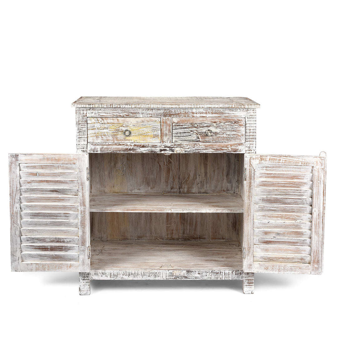 Open Doors View From Painted Indian Louvre Cabinet Made From Reclaimed Teak | Indigo Antiques