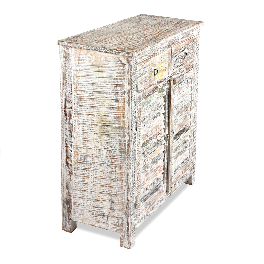 Angled View Of Painted Indian Louvre Cabinet Made From Reclaimed Teak | Indigo Antiques