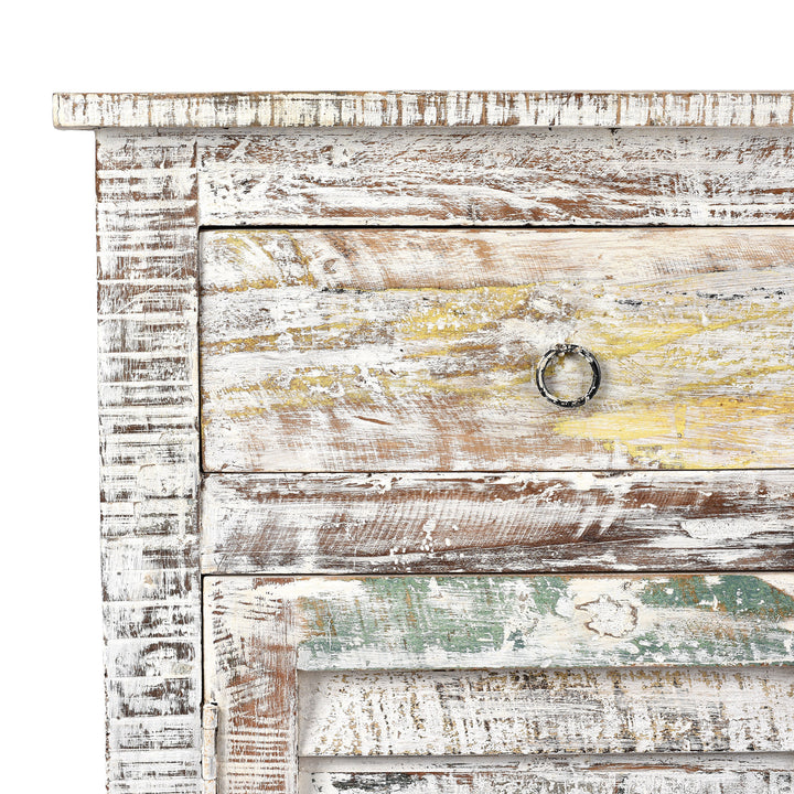 Corner Detail From Painted Indian Louvre Cabinet Made From Reclaimed Teak | Indigo Antiques